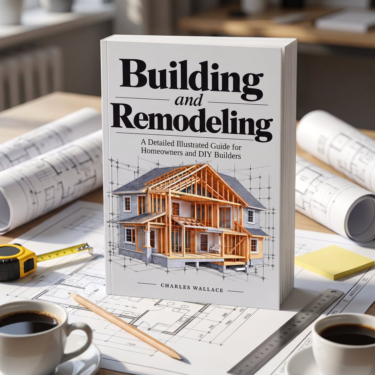 Building and Remodeling by Charles Wallace on an architect desk with house blueprints