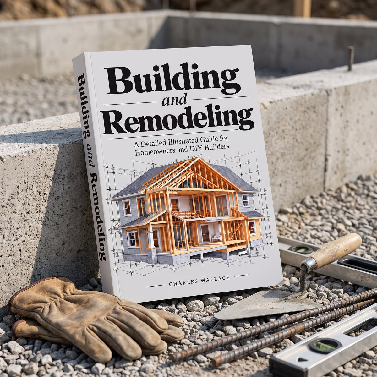 Building and Remodeling book on a concrete block at a new foundation