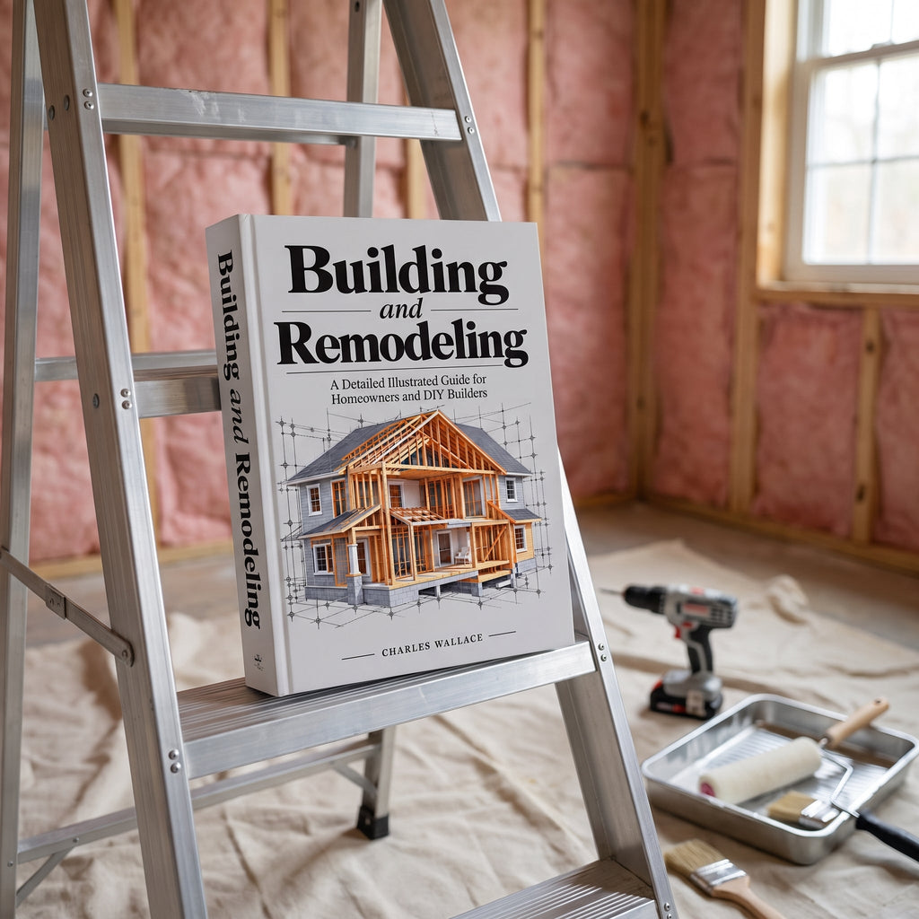 Building and Remodeling book on a stepladder in a room being insulated