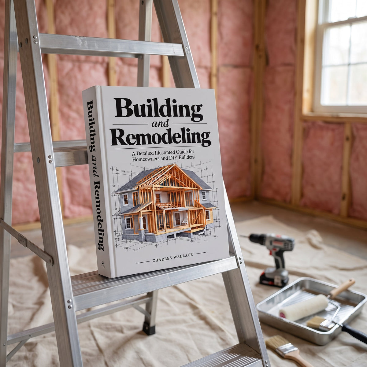 Building and Remodeling book on a stepladder in a room being insulated