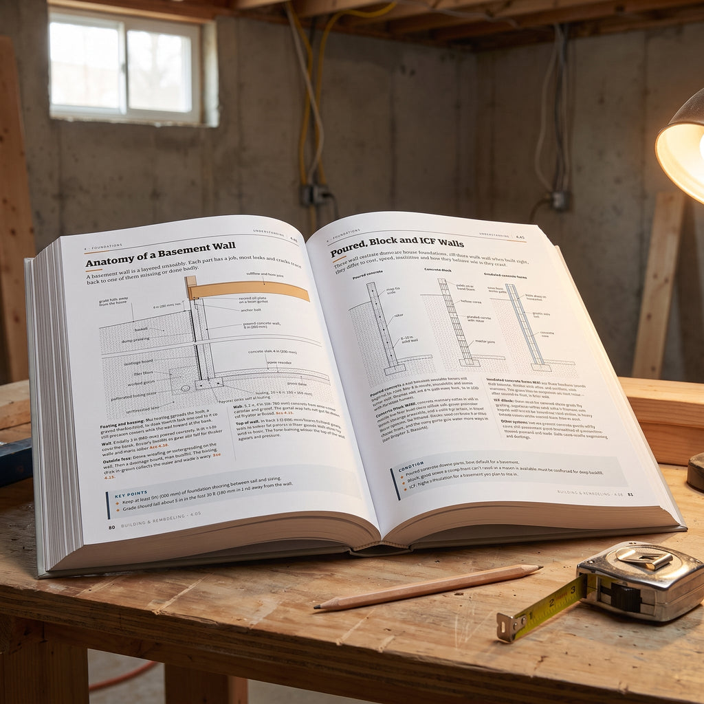 Open book showing Anatomy of a Basement Wall and Poured, Block and ICF Walls pages