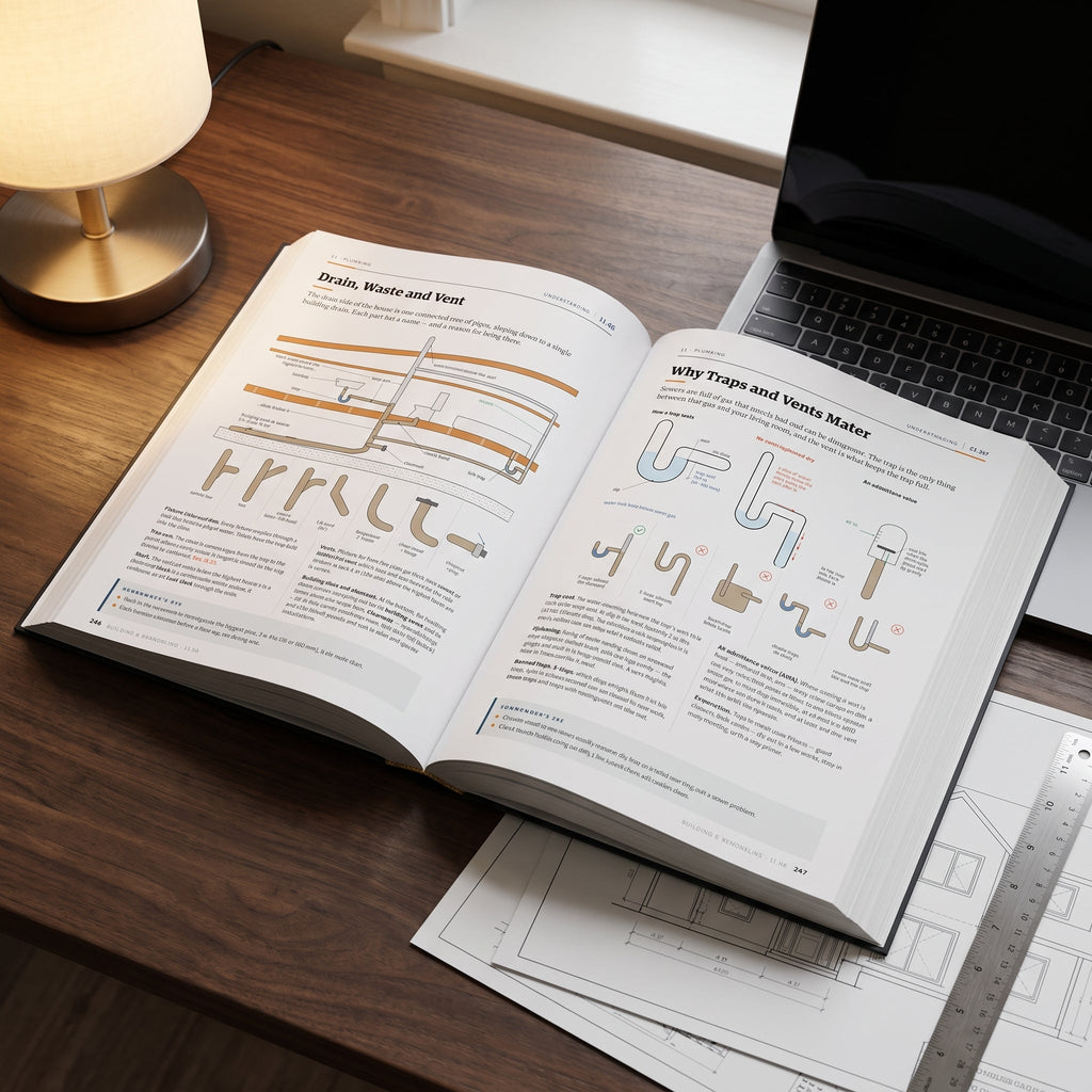 Open book showing Drain, Waste and Vent and Why Traps and Vents Matter pages