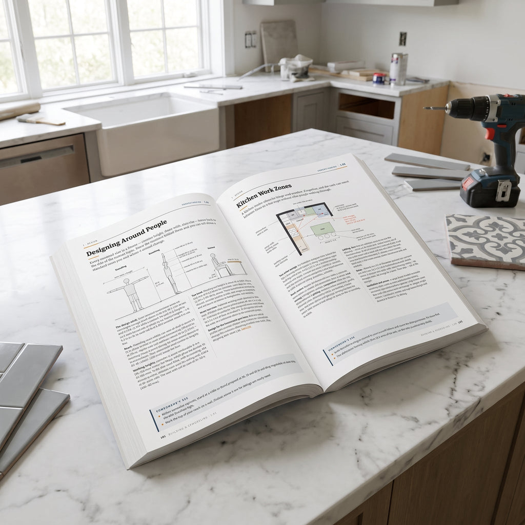 Open book showing Designing Around People and Kitchen Work Zones pages