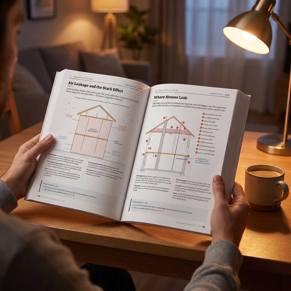 Reader holding the book open at Air Leakage and the Stack Effect and Where Houses Leak
