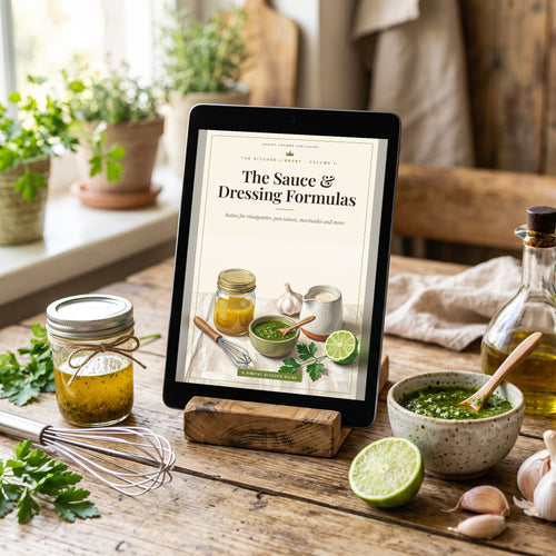 The Sauce & Dressing Formulas on a tablet in a sunlit kitchen