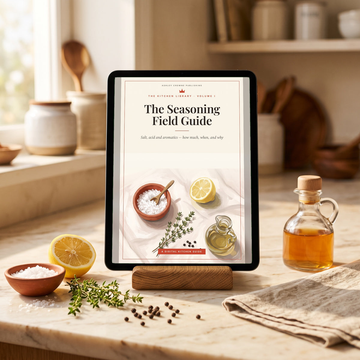 The Seasoning Field Guide on a tablet in a sunlit kitchen