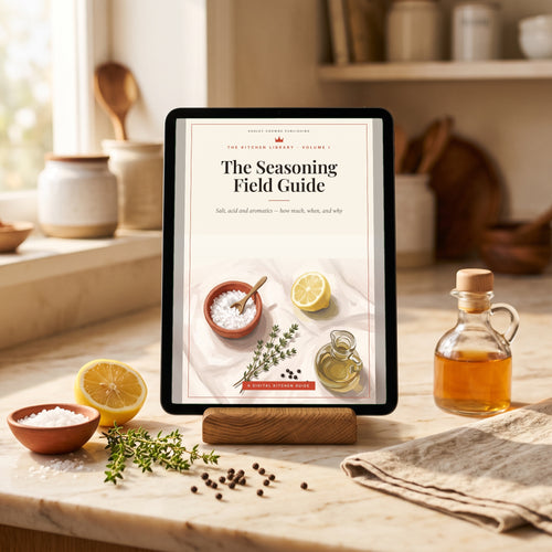 The Seasoning Field Guide on a tablet in a sunlit kitchen