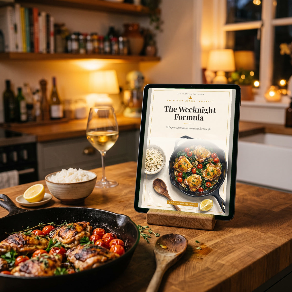 The Weeknight Formula on a tablet in a warm kitchen