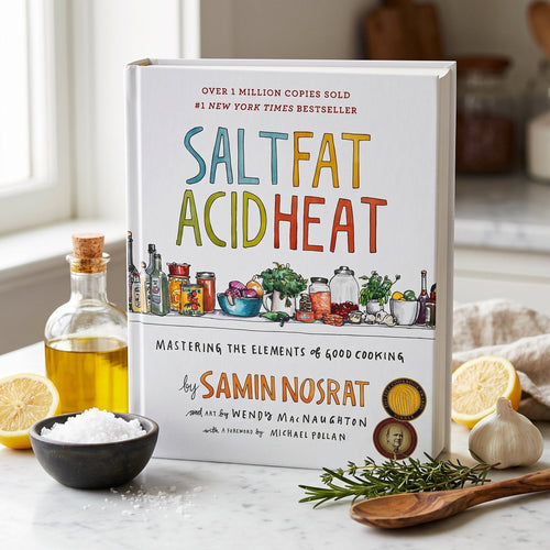 Salt, Fat, Acid, Heat on a marble kitchen counter with sea salt, olive oil and lemons
