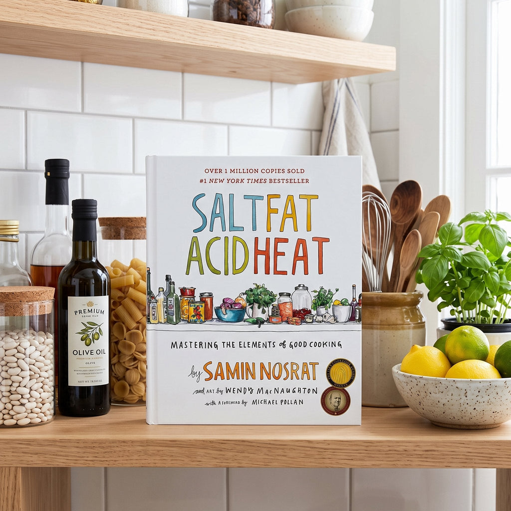 Salt, Fat, Acid, Heat on an open kitchen shelf with pantry jars
