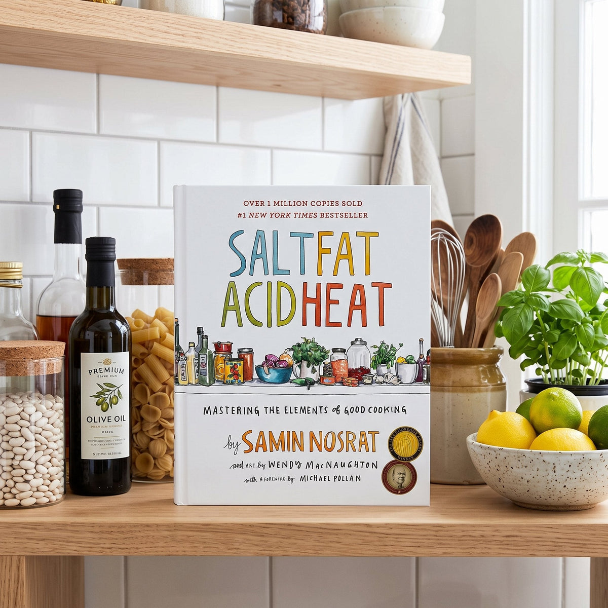 Salt, Fat, Acid, Heat on an open kitchen shelf with pantry jars