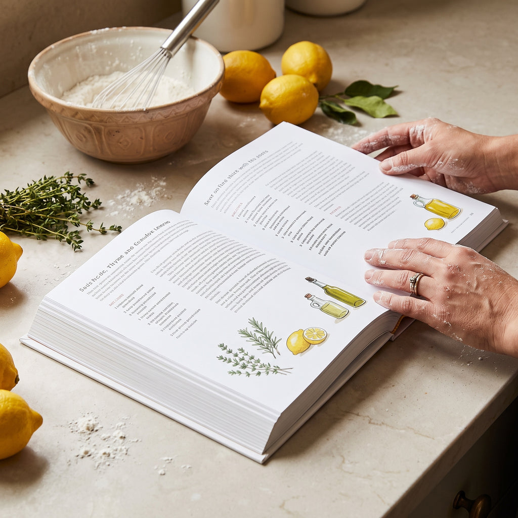 A cook's flour-dusted hands on the open pages of Salt, Fat, Acid, Heat