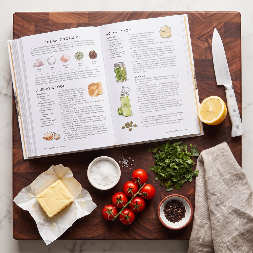 Salt, Fat, Acid, Heat open on a butcher-block board