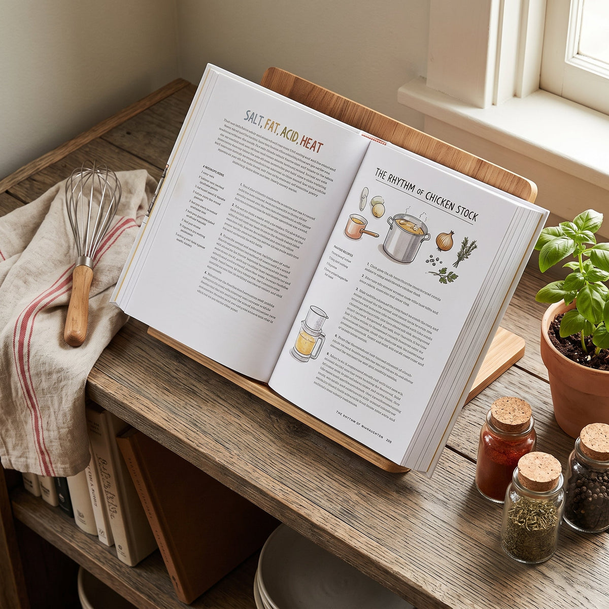 Salt, Fat, Acid, Heat open on a kitchen shelf