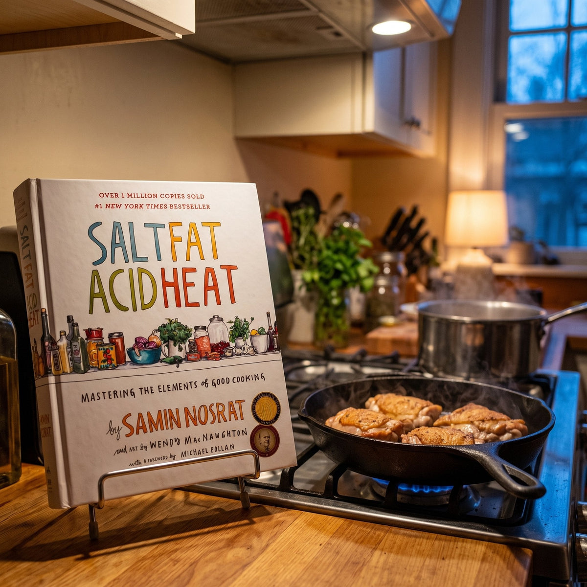 Salt, Fat, Acid, Heat on a cookbook stand beside a cast-iron skillet