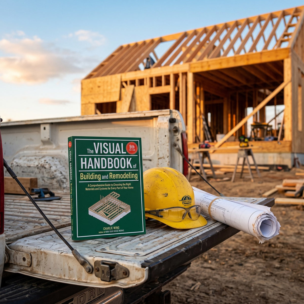 The Visual Handbook on a pickup tailgate at a building site
