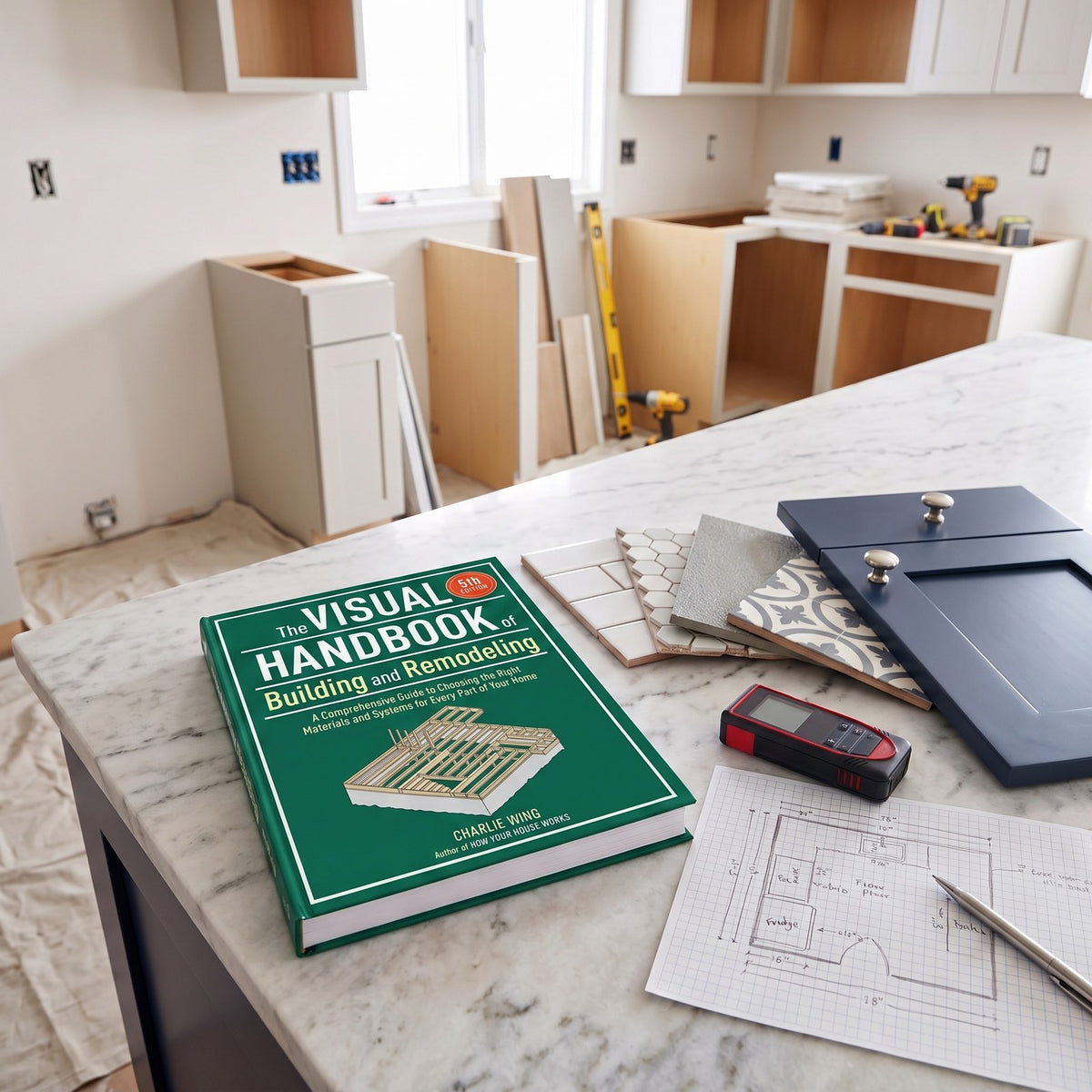 The Visual Handbook on a kitchen island during a remodel