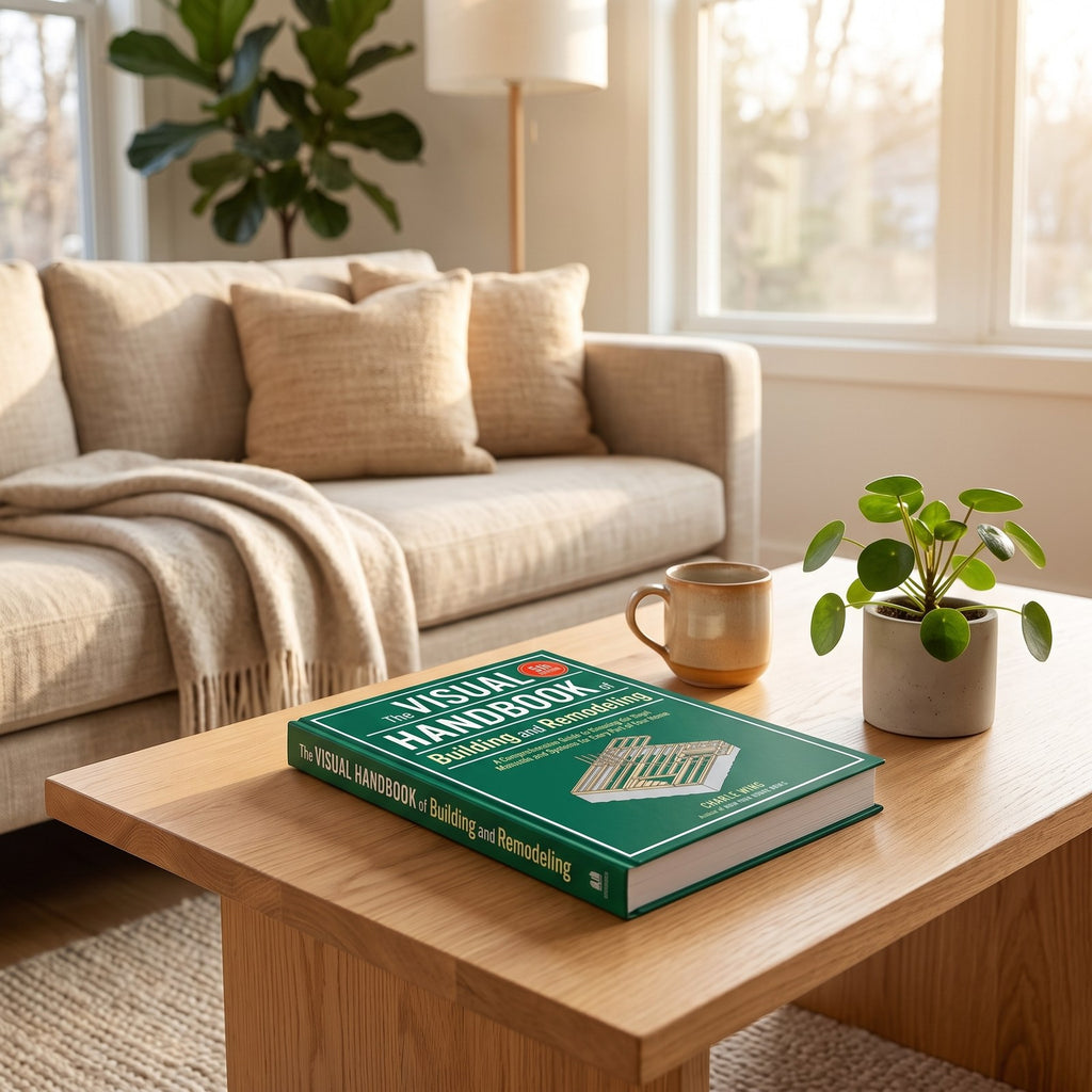 The Visual Handbook on a coffee table in a renovated living room