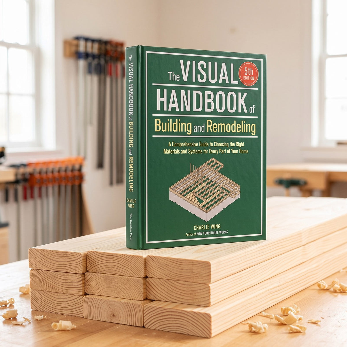 The 688-page Visual Handbook standing on fresh lumber