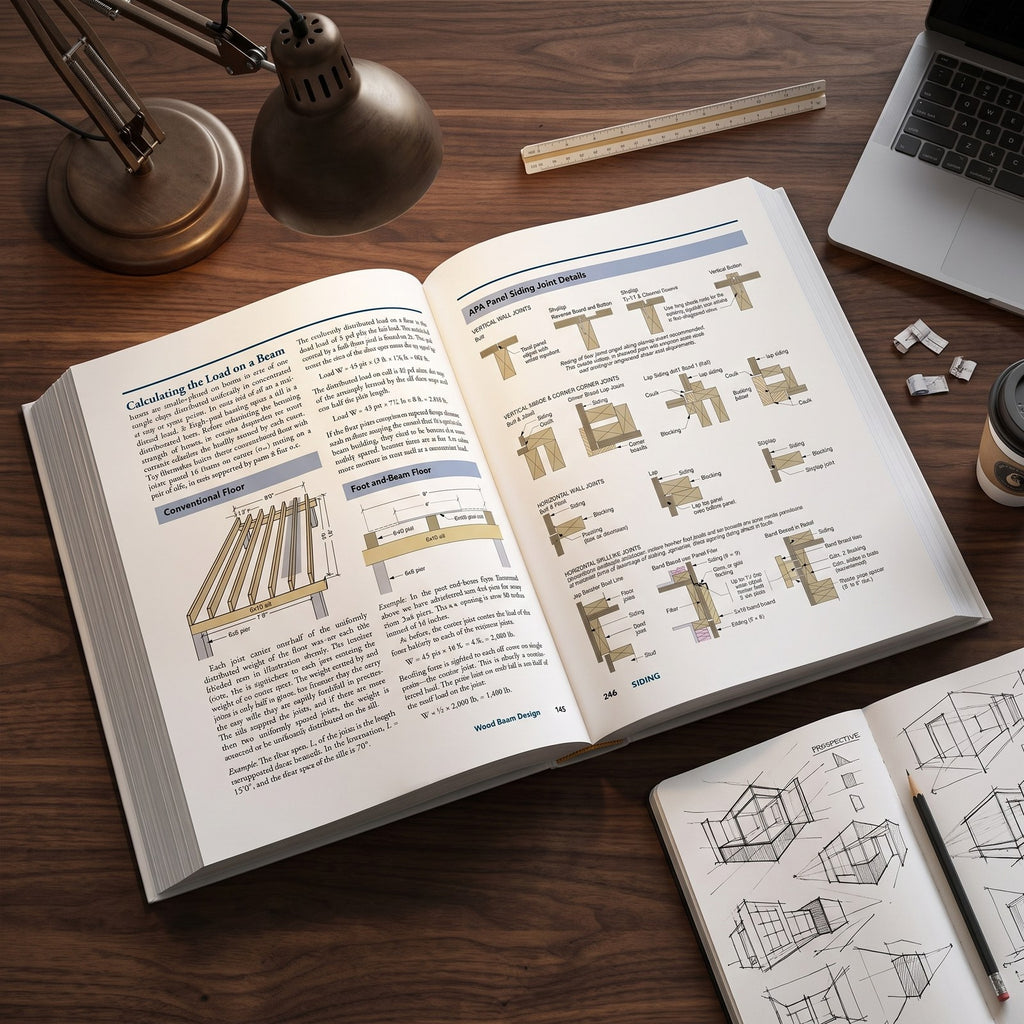 Open spread showing beam load calculations and siding joint details