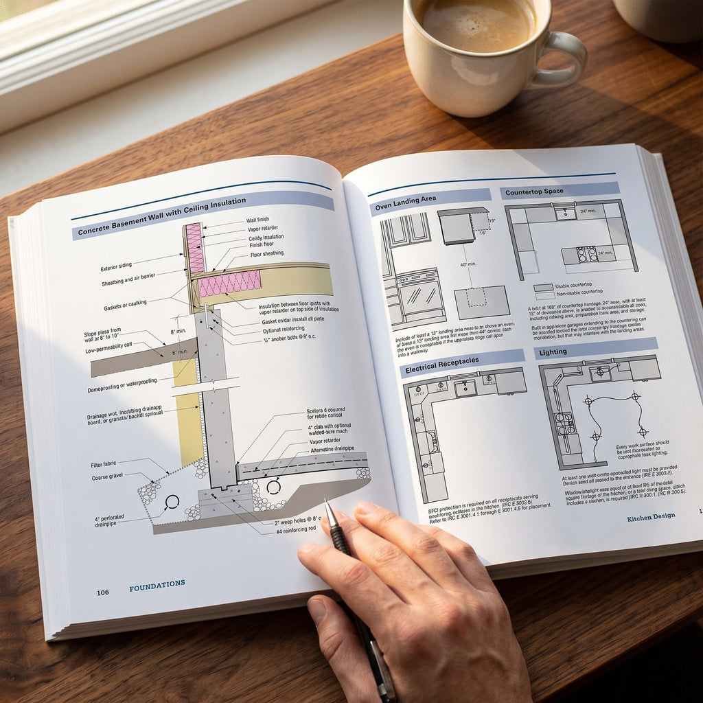 Open spread showing a basement wall section and kitchen design plans