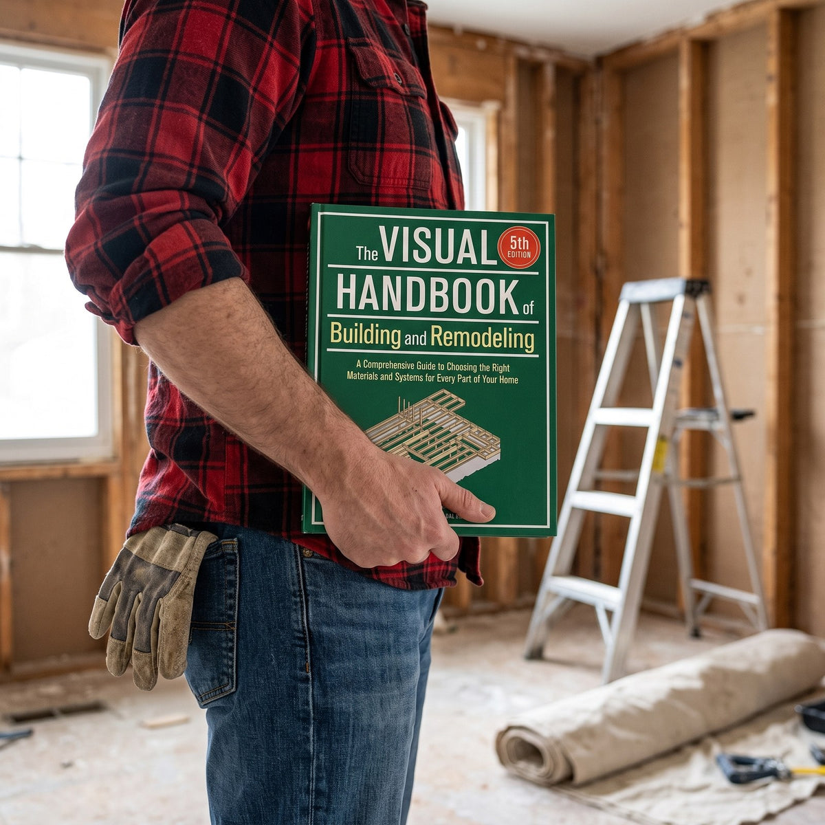 Homeowner holding the Visual Handbook during a renovation