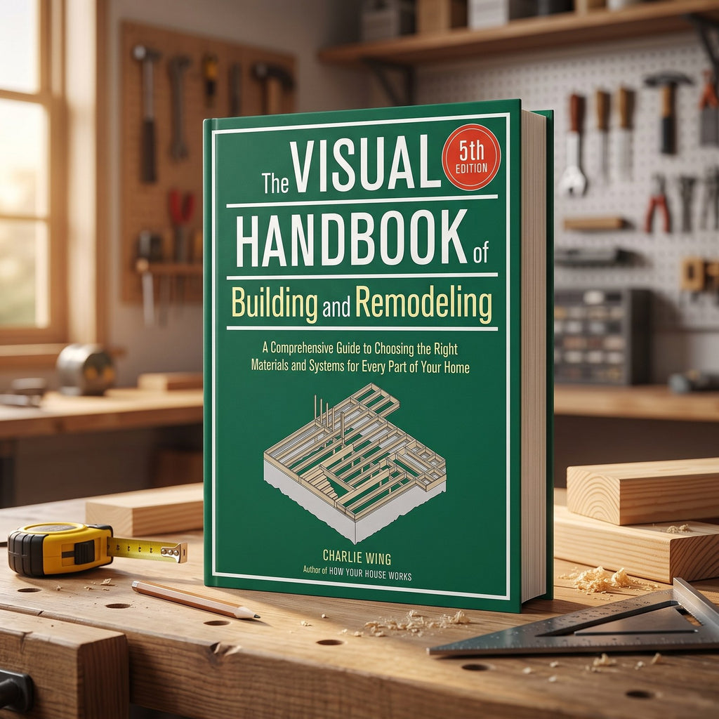 The Visual Handbook of Building and Remodeling 5th Edition by Charlie Wing on a carpenter's workbench
